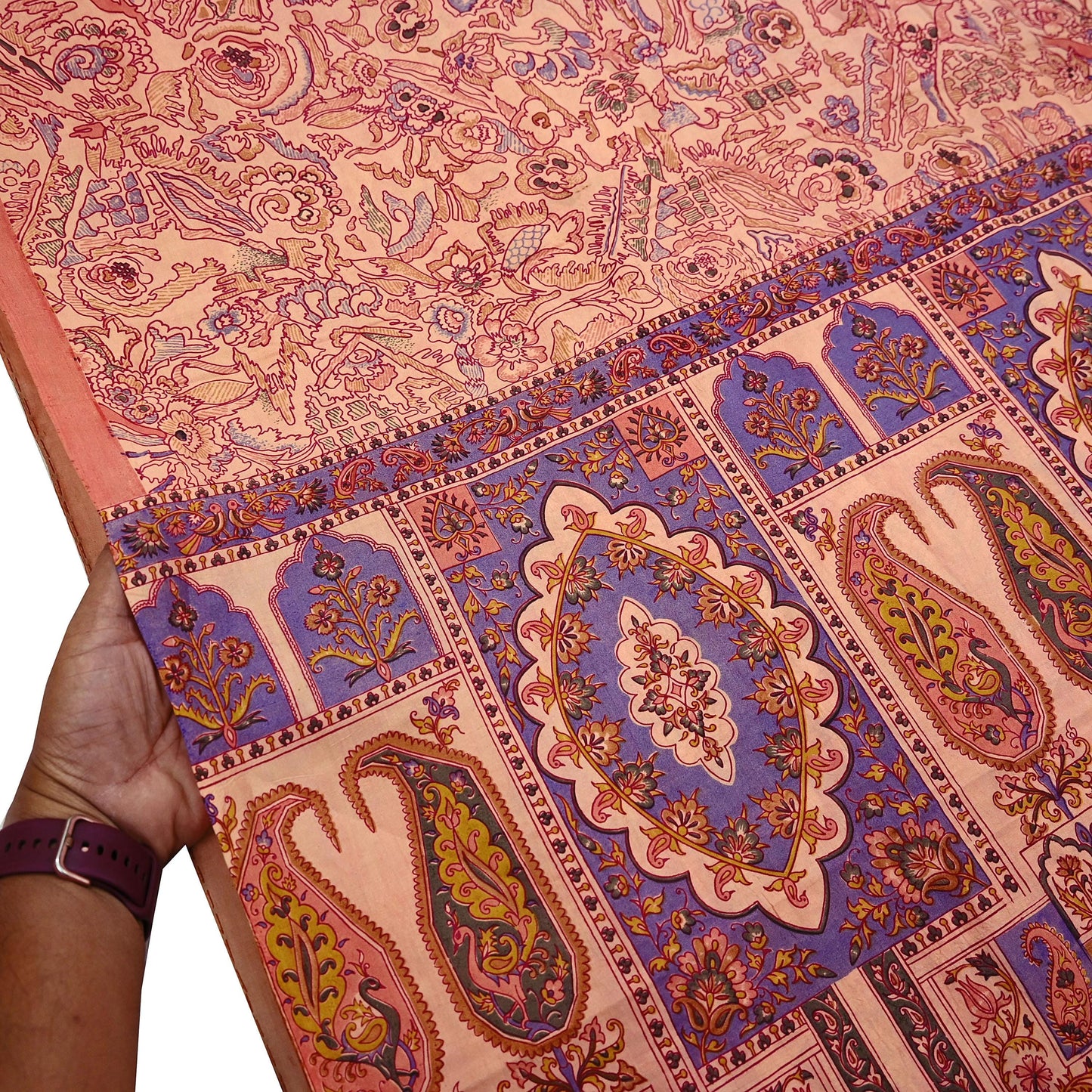 Indian Vintage Peach Pure Silk Printed Saree | 5 Yards | Soft Floral Fabric for Dressmaking, Quilting, Crafting, Sewing & Upcycling