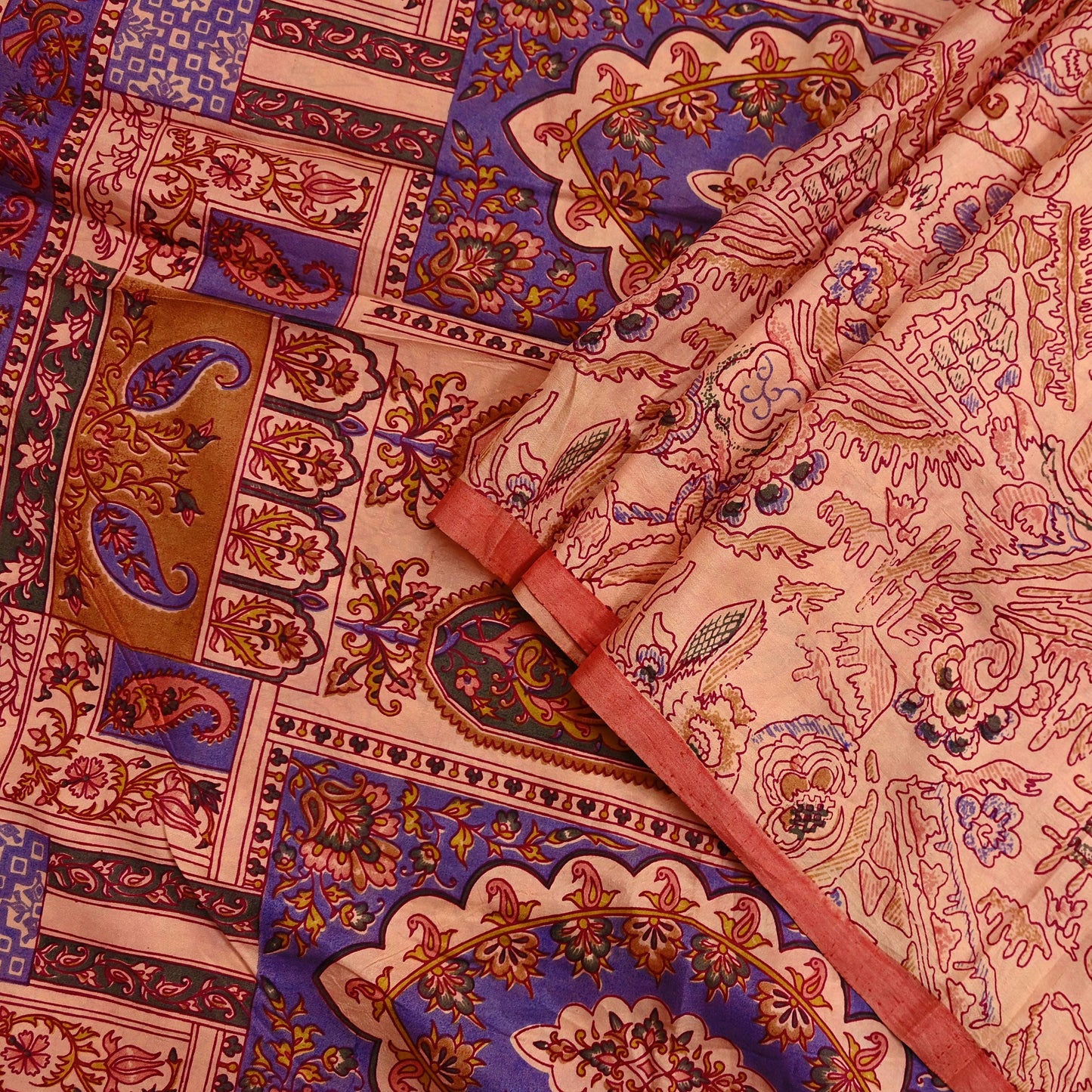 Indian Vintage Peach Pure Silk Printed Saree | 5 Yards | Soft Floral Fabric for Dressmaking, Quilting, Crafting, Sewing & Upcycling