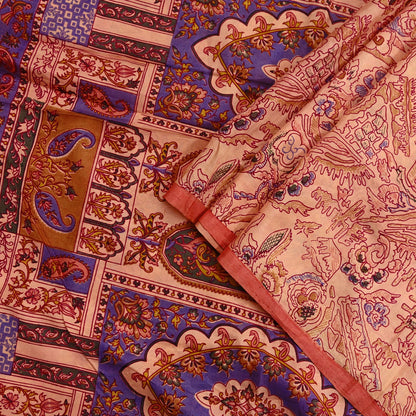 Indian Vintage Peach Pure Silk Printed Saree | 5 Yards | Soft Floral Fabric for Dressmaking, Quilting, Crafting, Sewing & Upcycling