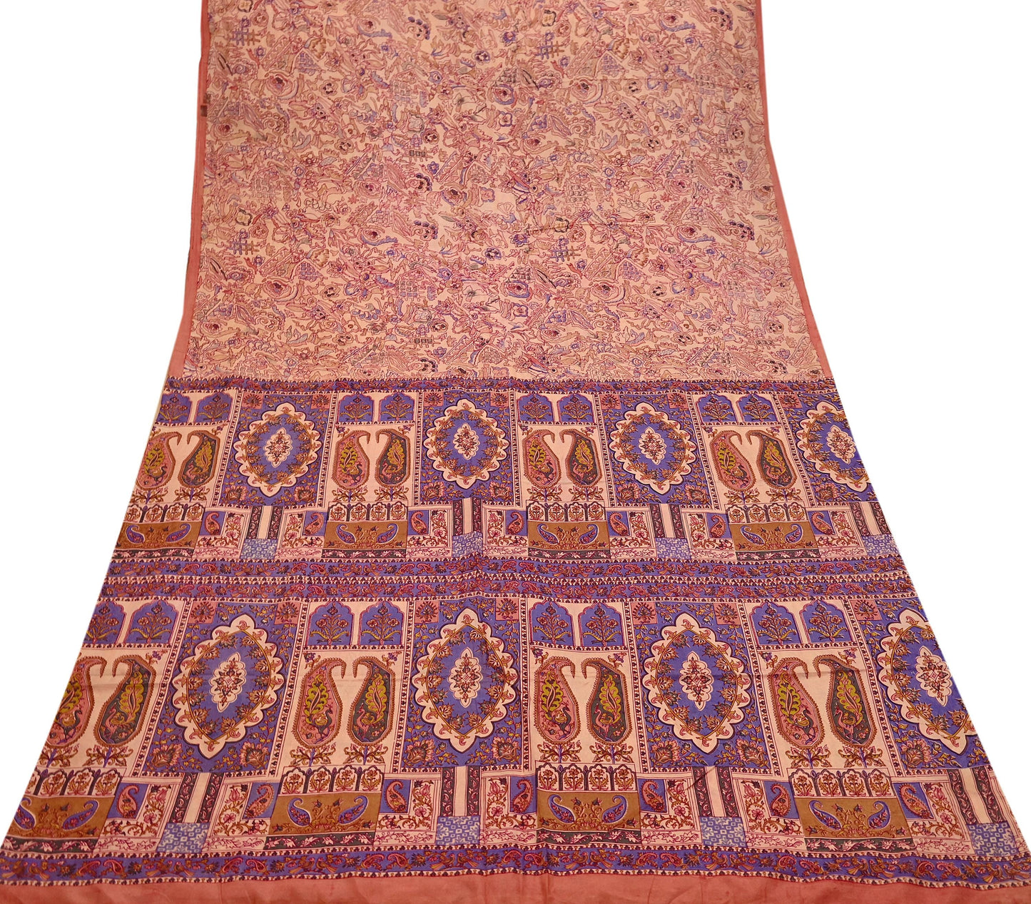 Indian Vintage Peach Pure Silk Printed Saree | 5 Yards | Soft Floral Fabric for Dressmaking, Quilting, Crafting, Sewing & Upcycling