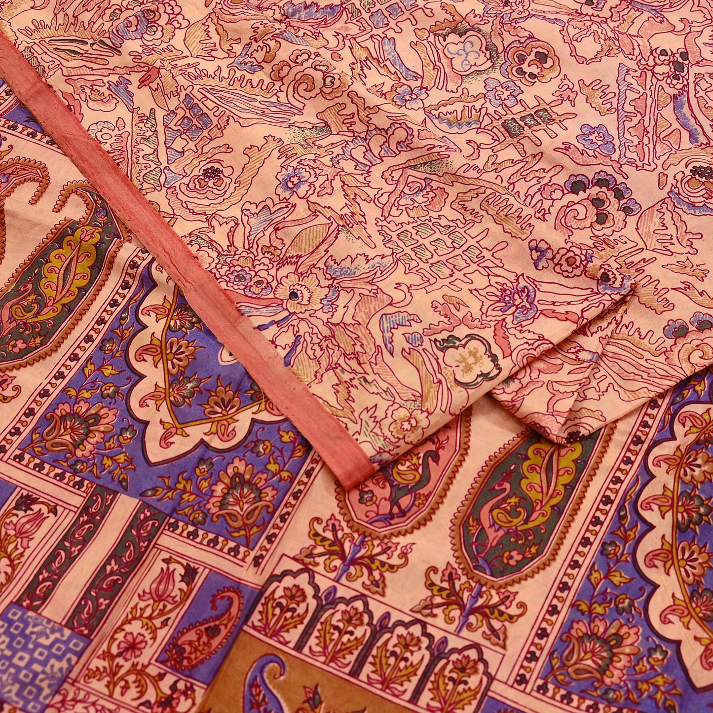 Indian Vintage Peach Pure Silk Printed Saree | 5 Yards | Soft Floral Fabric for Dressmaking, Quilting, Crafting, Sewing & Upcycling