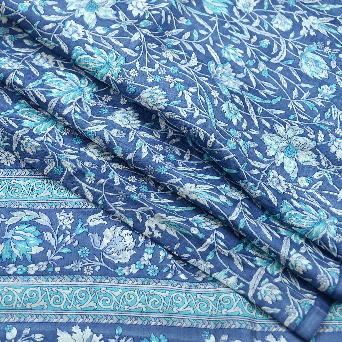 Indian Vintage Gray Pure Silk Printed Saree | 6 Yards | Soft Floral Fabric for Dressmaking, Quilting, Crafting, Sewing & Upcycling