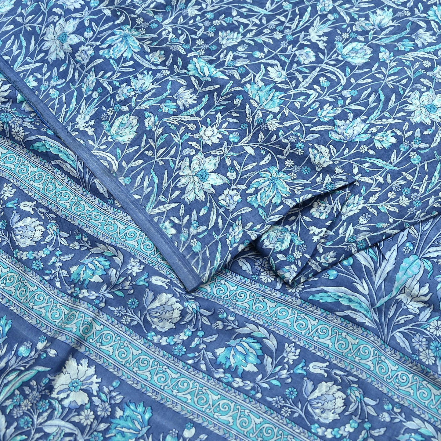 Indian Vintage Gray Pure Silk Printed Saree | 6 Yards | Soft Floral Fabric for Dressmaking, Quilting, Crafting, Sewing & Upcycling