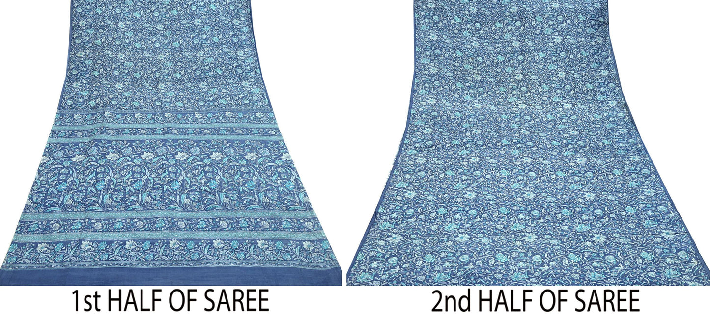 Indian Vintage Gray Pure Silk Printed Saree | 6 Yards | Soft Floral Fabric for Dressmaking, Quilting, Crafting, Sewing & Upcycling