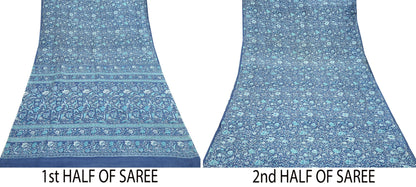 Indian Vintage Gray Pure Silk Printed Saree | 6 Yards | Soft Floral Fabric for Dressmaking, Quilting, Crafting, Sewing & Upcycling