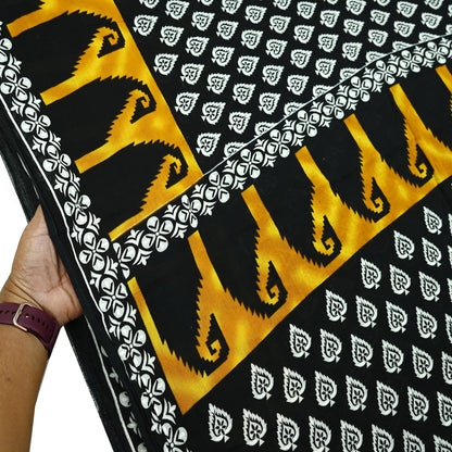 Indian Vintage White & Black Printed Pure Cotton Saree | 5 Yards | Soft Fabric for Sewing, Crafting, Quilting, Upcycling, Dressmaking, Boho