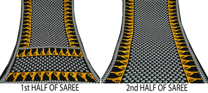 Indian Vintage White & Black Printed Pure Cotton Saree | 5 Yards | Soft Fabric for Sewing, Crafting, Quilting, Upcycling, Dressmaking, Boho