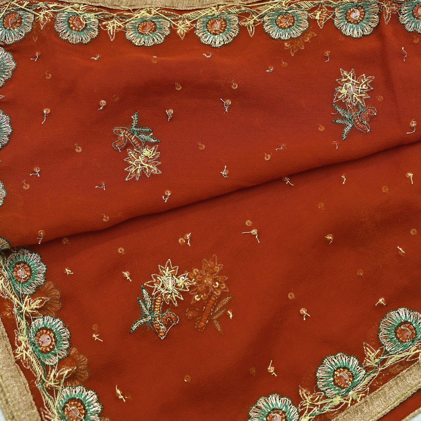 Indian Vintage Orange Dupatta Pure Georgette silk Long Stole Hand Embroidered Scarves Stole Veil Wrap Sequins Dabka/ Zardozi, Hijab