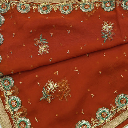 Indian Vintage Orange Dupatta Pure Georgette silk Long Stole Hand Embroidered Scarves Stole Veil Wrap Sequins Dabka/ Zardozi, Hijab