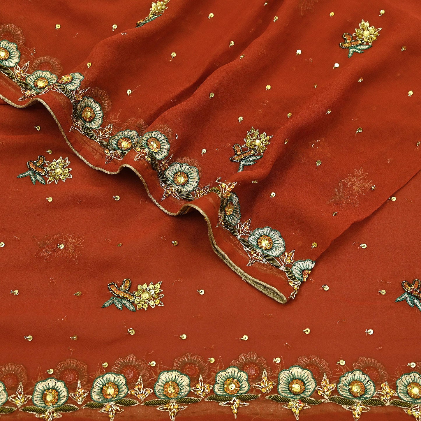 Indian Vintage Orange Dupatta Pure Georgette silk Long Stole Hand Embroidered Scarves Stole Veil Wrap Sequins Dabka/ Zardozi, Hijab