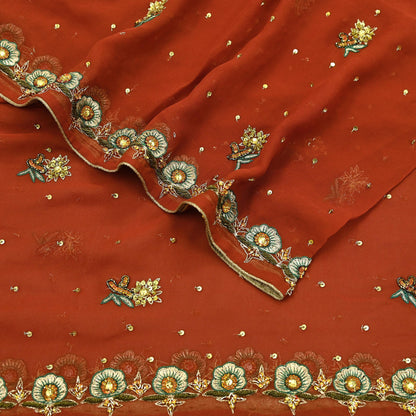 Indian Vintage Orange Dupatta Pure Georgette silk Long Stole Hand Embroidered Scarves Stole Veil Wrap Sequins Dabka/ Zardozi, Hijab