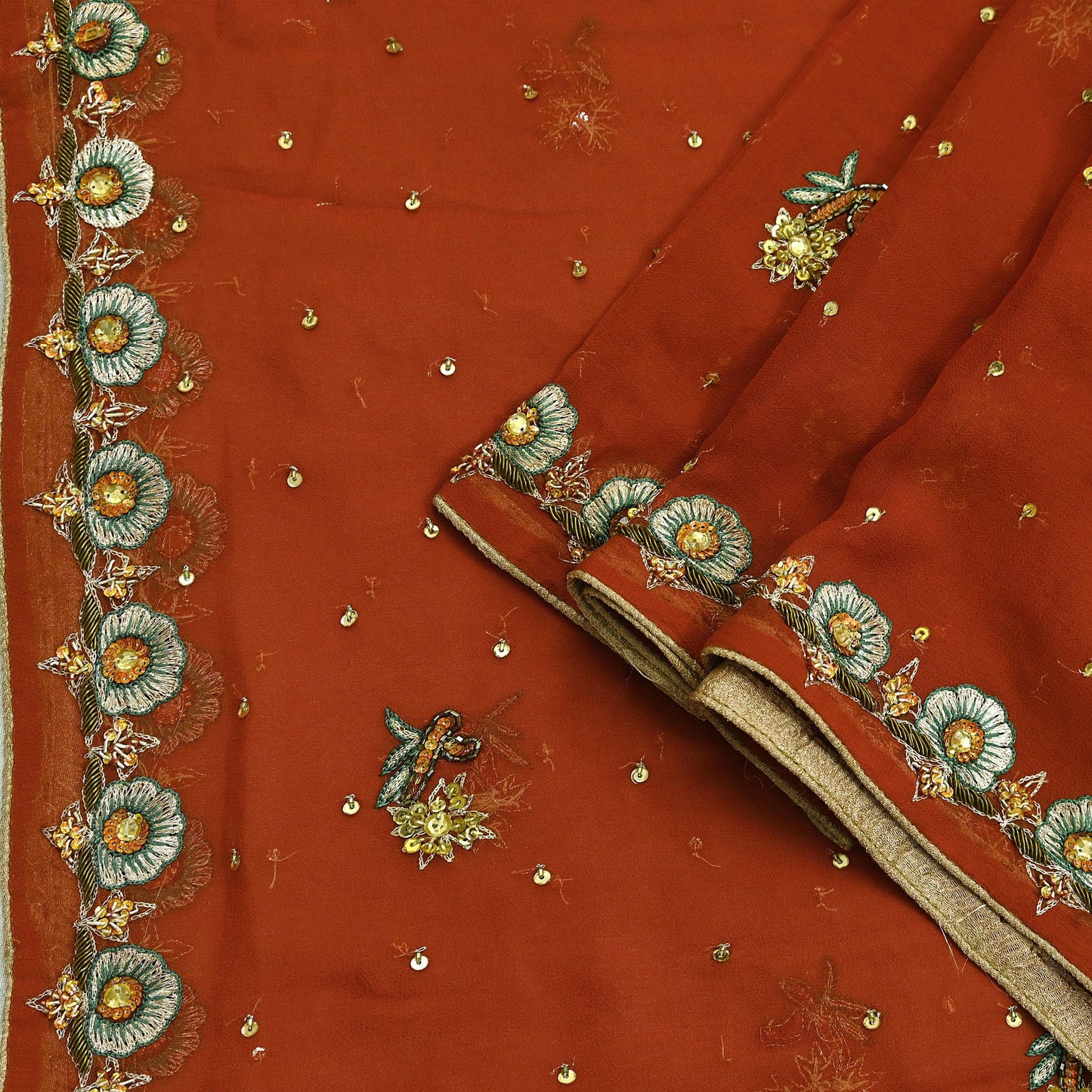 Indian Vintage Orange Dupatta Pure Georgette silk Long Stole Hand Embroidered Scarves Stole Veil Wrap Sequins Dabka/ Zardozi, Hijab