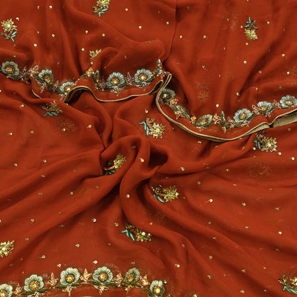 Indian Vintage Orange Dupatta Pure Georgette silk Long Stole Hand Embroidered Scarves Stole Veil Wrap Sequins Dabka/ Zardozi, Hijab