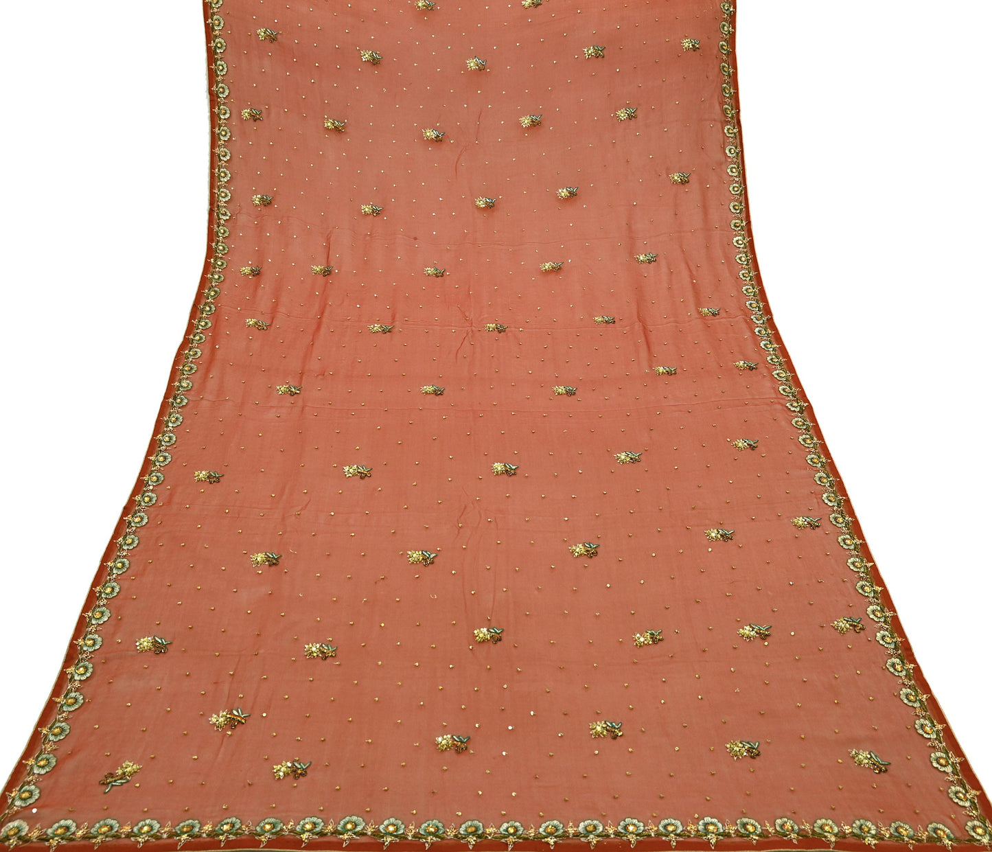 Indian Vintage Orange Dupatta Pure Georgette silk Long Stole Hand Embroidered Scarves Stole Veil Wrap Sequins Dabka/ Zardozi, Hijab