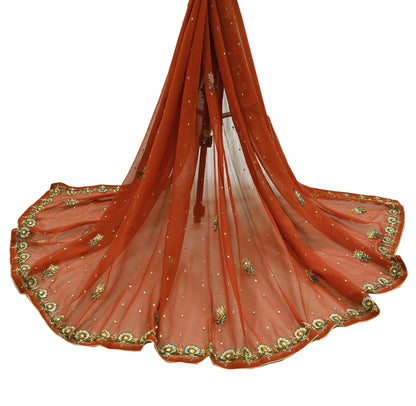 Indian Vintage Orange Dupatta Pure Georgette silk Long Stole Hand Embroidered Scarves Stole Veil Wrap Sequins Dabka/ Zardozi, Hijab