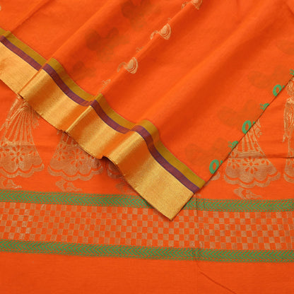 Indian Vintage Sari Orange Chanderi Cotton Hand Woven Sarees 6Yd Craft Fabric Soft Sewing Sarong Dress Making Quilting Crafting Zari Border