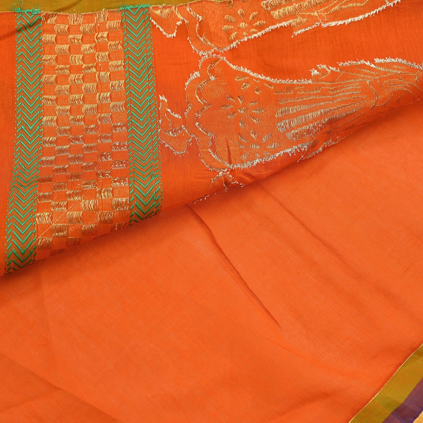 Indian Vintage Sari Orange Chanderi Cotton Hand Woven Sarees 6Yd Craft Fabric Soft Sewing Sarong Dress Making Quilting Crafting Zari Border