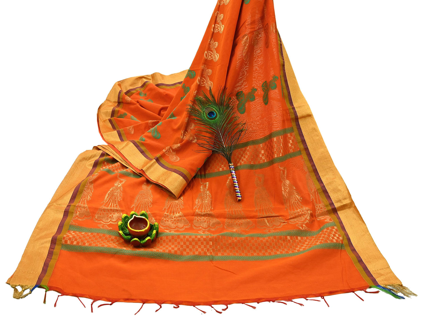 Indian Vintage Sari Orange Chanderi Cotton Hand Woven Sarees 6Yd Craft Fabric Soft Sewing Sarong Dress Making Quilting Crafting Zari Border