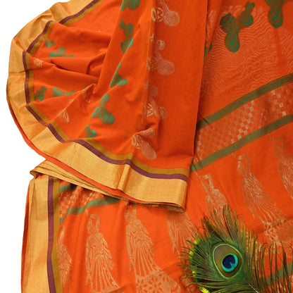 Indian Vintage Sari Orange Chanderi Cotton Hand Woven Sarees 6Yd Craft Fabric Soft Sewing Sarong Dress Making Quilting Crafting Zari Border