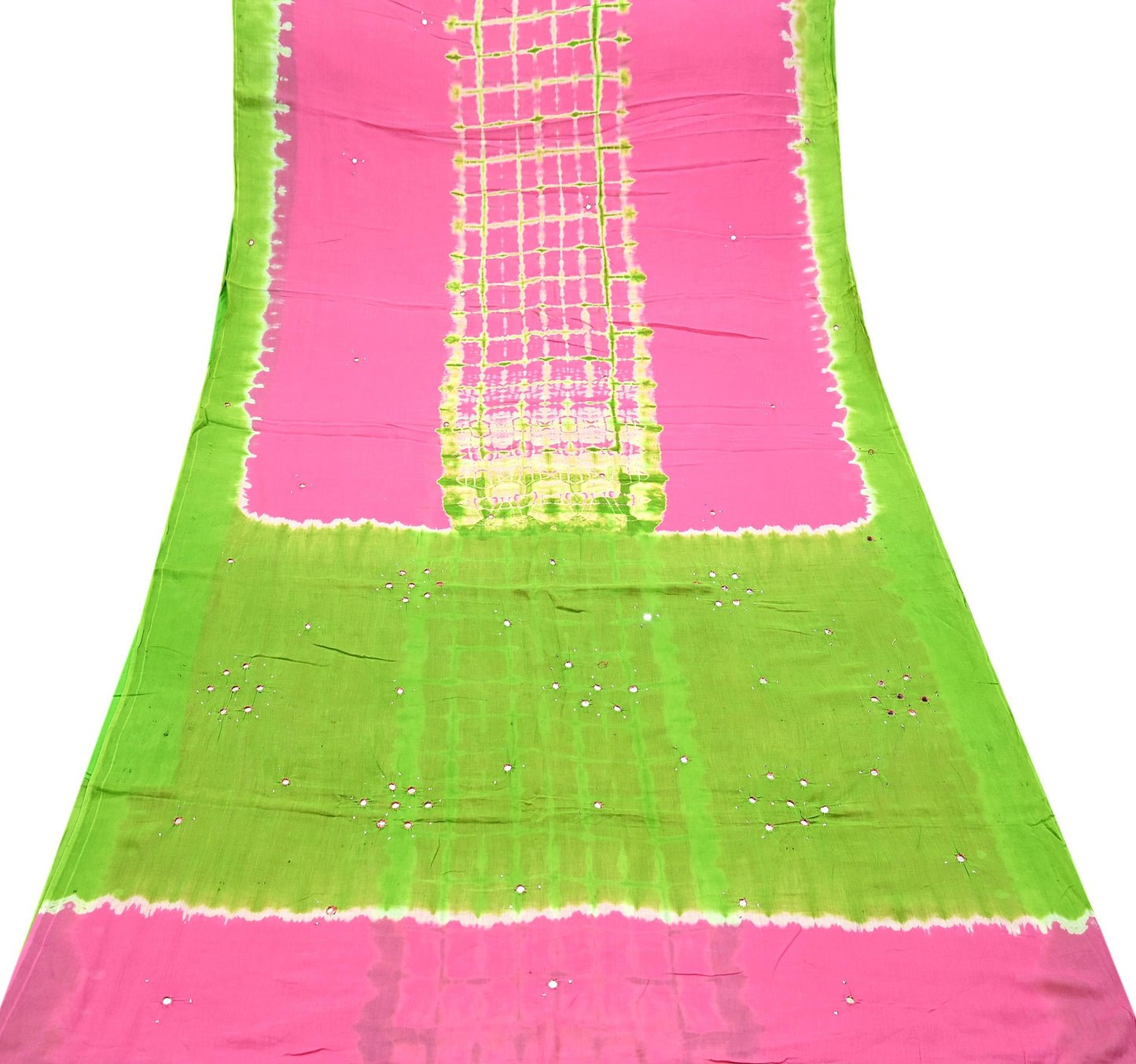 Indian Vintage Sari Green & Pink Tie-Dye Embroidered Printed 100% Pure Cotton Saree Craft Soft Fabric 5Yd Sewing Sarong Boho Floral