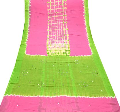 Indian Vintage Sari Green & Pink Tie-Dye Embroidered Printed 100% Pure Cotton Saree Craft Soft Fabric 5Yd Sewing Sarong Boho Floral
