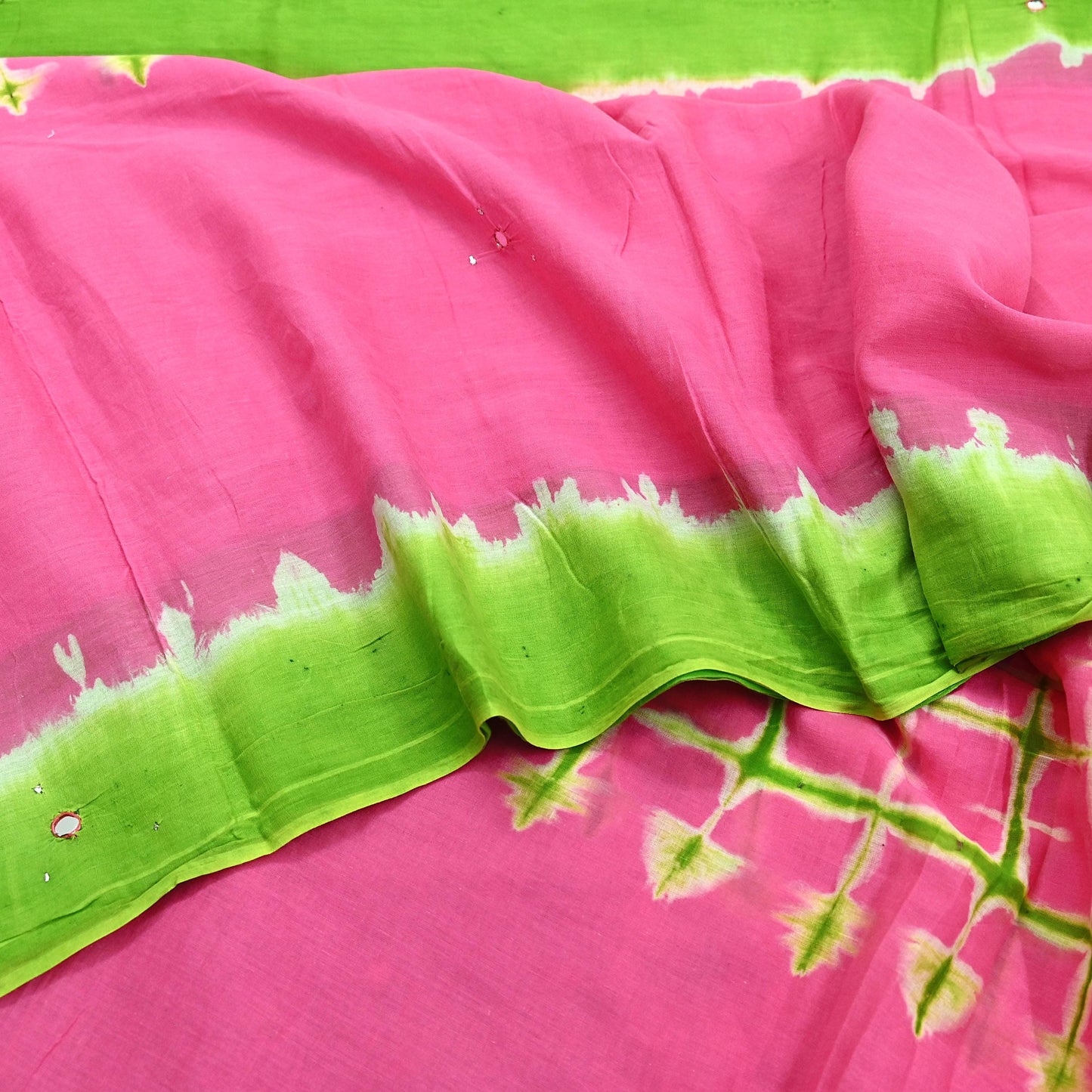 Indian Vintage Sari Green & Pink Tie-Dye Embroidered Printed 100% Pure Cotton Saree Craft Soft Fabric 5Yd Sewing Sarong Boho Floral