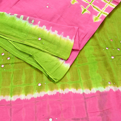 Indian Vintage Sari Green & Pink Tie-Dye Embroidered Printed 100% Pure Cotton Saree Craft Soft Fabric 5Yd Sewing Sarong Boho Floral