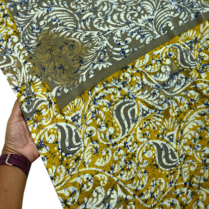 Indian Vintage Saree Yellow & Gray Moss Crepe Printed Sari | 5 Yards | Floral Soft Fabric for Sewing, Dressmaking, Crafting, Quilting