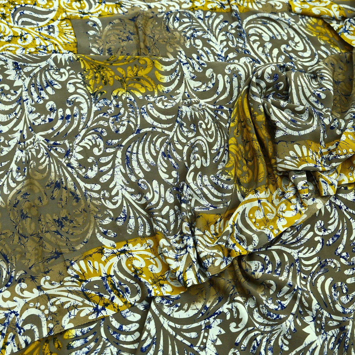 Indian Vintage Saree Yellow & Gray Moss Crepe Printed Sari | 5 Yards | Floral Soft Fabric for Sewing, Dressmaking, Crafting, Quilting