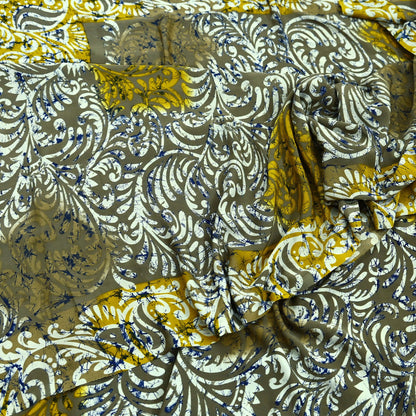 Indian Vintage Saree Yellow & Gray Moss Crepe Printed Sari | 5 Yards | Floral Soft Fabric for Sewing, Dressmaking, Crafting, Quilting
