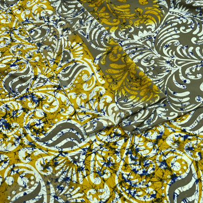 Indian Vintage Saree Yellow & Gray Moss Crepe Printed Sari | 5 Yards | Floral Soft Fabric for Sewing, Dressmaking, Crafting, Quilting