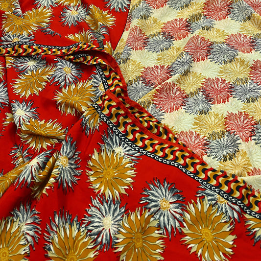 Indian Vintage Saree Red & Ivory Moss Crepe Printed Sari | 5 Yards | Floral Soft Fabric for Sewing, Dressmaking, Crafting, Quilting