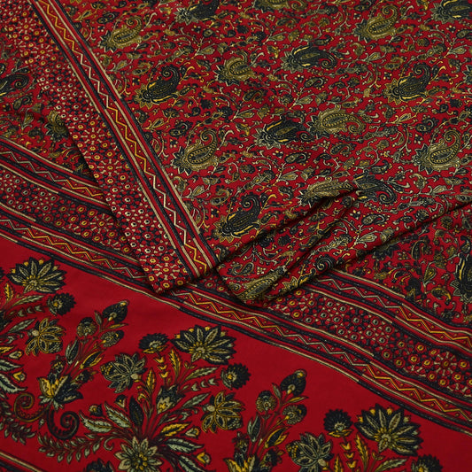 Indian Vintage Maroon Moss Crepe Printed Saree | Floral Design | 5 Yards | Soft Craft Fabric for Dressmaking, Décor, Quilting, & Upcycling