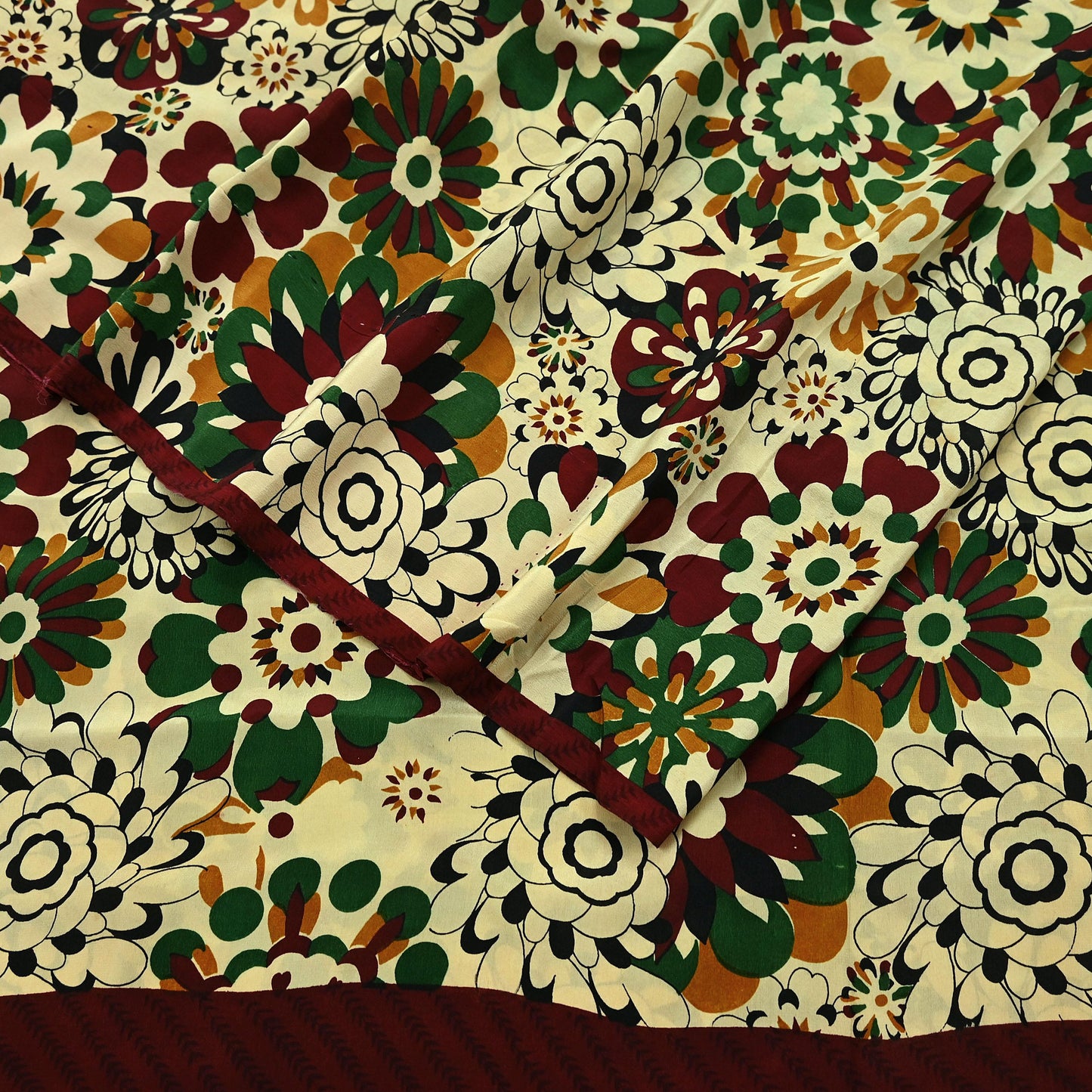 Indian Vintage Pure Crepe Silk Saree | Floral Print | 5 Yards | Soft Sewing Fabric for Dressmaking, Quilting, Crafting & Upcycling