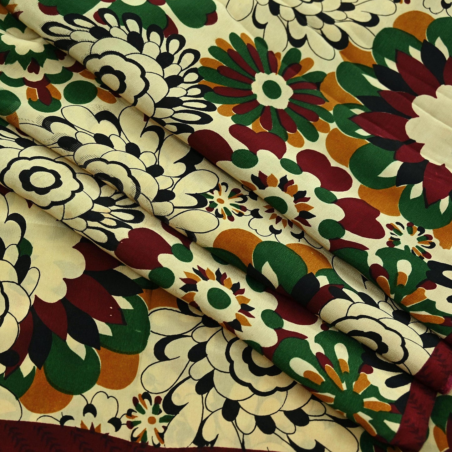 Indian Vintage Pure Crepe Silk Saree | Floral Print | 5 Yards | Soft Sewing Fabric for Dressmaking, Quilting, Crafting & Upcycling