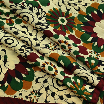 Indian Vintage Pure Crepe Silk Saree | Floral Print | 5 Yards | Soft Sewing Fabric for Dressmaking, Quilting, Crafting & Upcycling