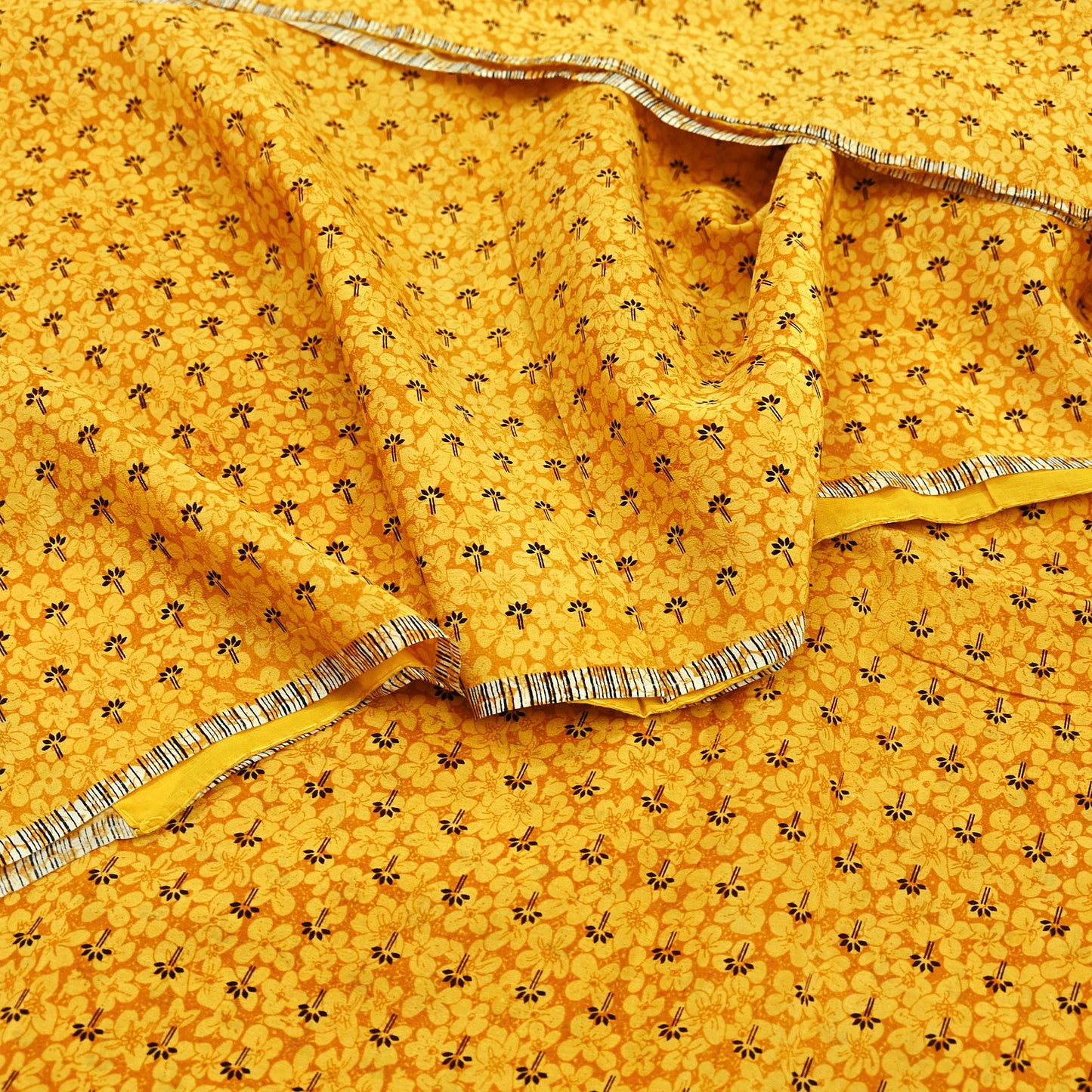 Indian Vintage Mustard Pure Crepe Silk Saree | Floral Print | 5 Yards | Soft Sewing Fabric for Dressmaking, Quilting, Crafting & Upcycling