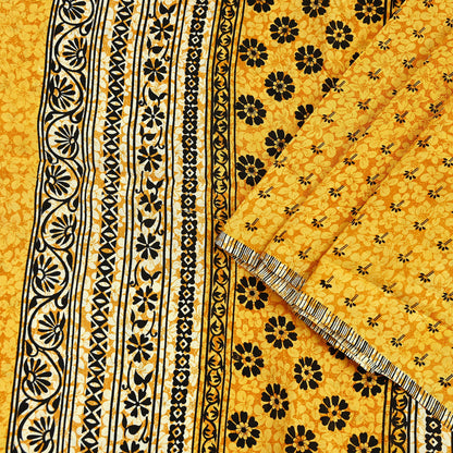 Indian Vintage Mustard Pure Crepe Silk Saree | Floral Print | 5 Yards | Soft Sewing Fabric for Dressmaking, Quilting, Crafting & Upcycling