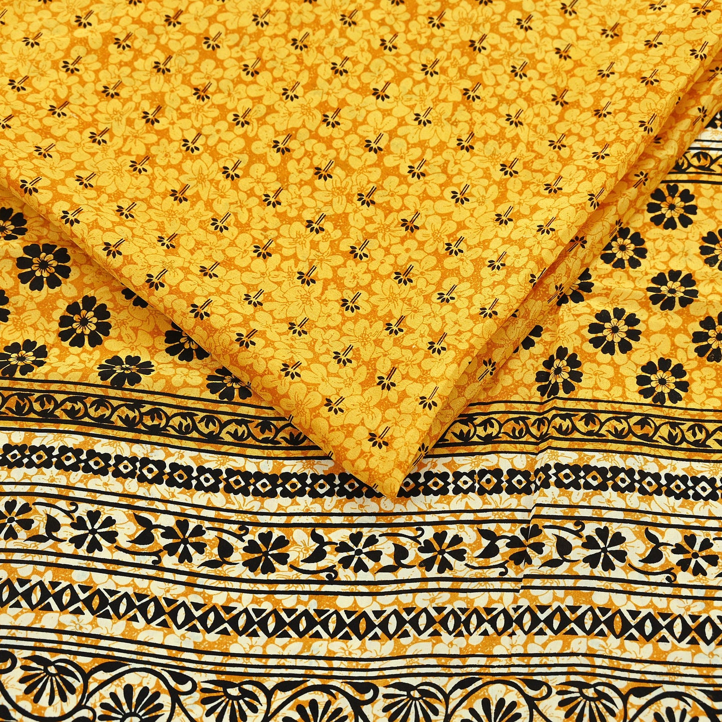 Indian Vintage Mustard Pure Crepe Silk Saree | Floral Print | 5 Yards | Soft Sewing Fabric for Dressmaking, Quilting, Crafting & Upcycling