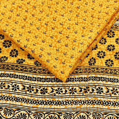 Indian Vintage Mustard Pure Crepe Silk Saree | Floral Print | 5 Yards | Soft Sewing Fabric for Dressmaking, Quilting, Crafting & Upcycling