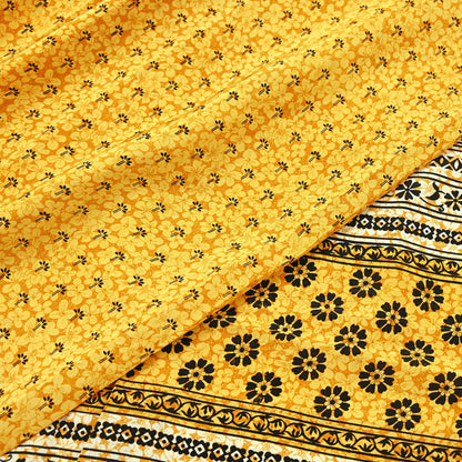Indian Vintage Mustard Pure Crepe Silk Saree | Floral Print | 5 Yards | Soft Sewing Fabric for Dressmaking, Quilting, Crafting & Upcycling