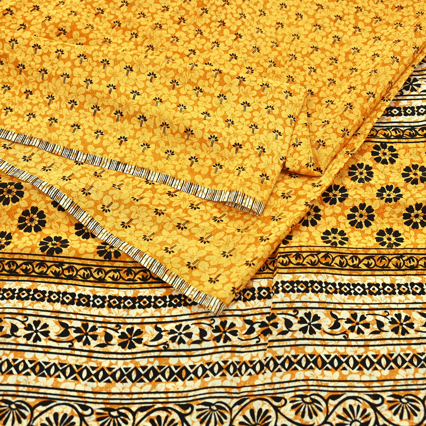 Indian Vintage Mustard Pure Crepe Silk Saree | Floral Print | 5 Yards | Soft Sewing Fabric for Dressmaking, Quilting, Crafting & Upcycling
