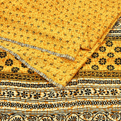 Indian Vintage Mustard Pure Crepe Silk Saree | Floral Print | 5 Yards | Soft Sewing Fabric for Dressmaking, Quilting, Crafting & Upcycling