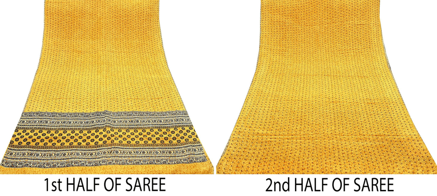 Indian Vintage Mustard Pure Crepe Silk Saree | Floral Print | 5 Yards | Soft Sewing Fabric for Dressmaking, Quilting, Crafting & Upcycling