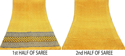 Indian Vintage Mustard Pure Crepe Silk Saree | Floral Print | 5 Yards | Soft Sewing Fabric for Dressmaking, Quilting, Crafting & Upcycling