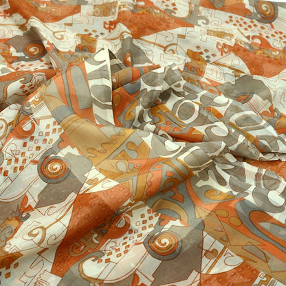 Indian Vintage Pure Chiffon Silk Saree | Printed Abstract Design | 6 Yardrs | Sheer Soft Fabric for Sewing, Dressmaking,Craft Projects