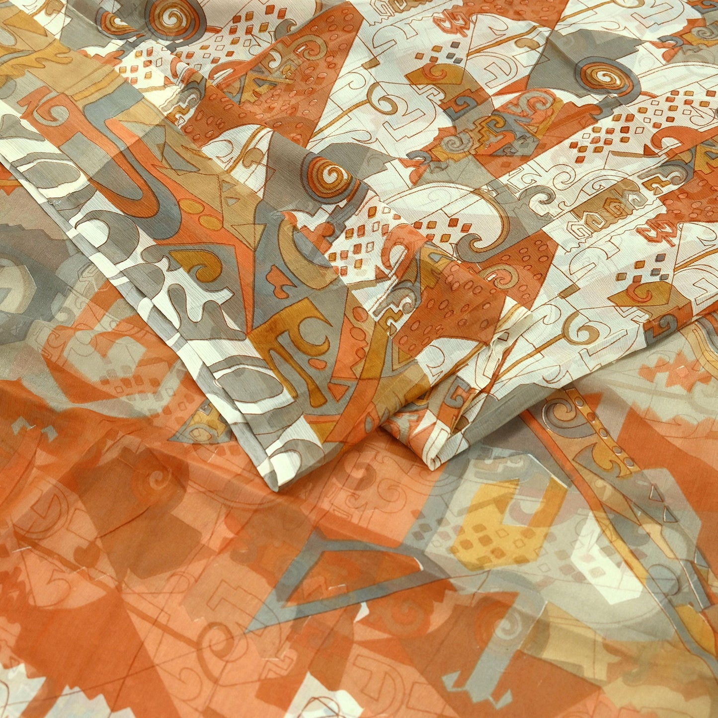 Indian Vintage Pure Chiffon Silk Saree | Printed Abstract Design | 6 Yardrs | Sheer Soft Fabric for Sewing, Dressmaking,Craft Projects