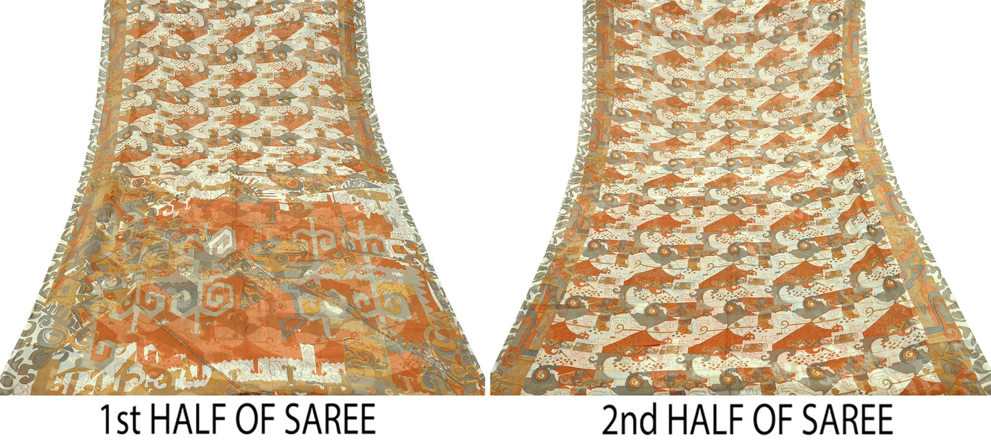 Indian Vintage Pure Chiffon Silk Saree | Printed Abstract Design | 6 Yardrs | Sheer Soft Fabric for Sewing, Dressmaking,Craft Projects