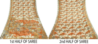 Indian Vintage Pure Chiffon Silk Saree | Printed Abstract Design | 6 Yardrs | Sheer Soft Fabric for Sewing, Dressmaking,Craft Projects