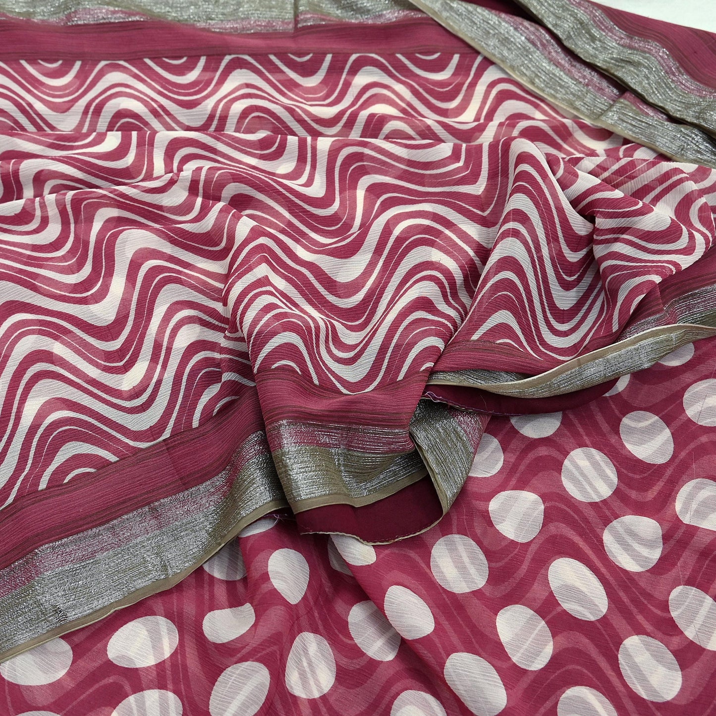 Indian Vintage Pure Chiffon Silk Saree | Printed Abstract Design | 5 Yards | Sheer Soft Fabric for Sewing, Dressmaking, Craft Projects